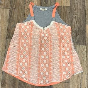 Pink and grey tank top with white lace